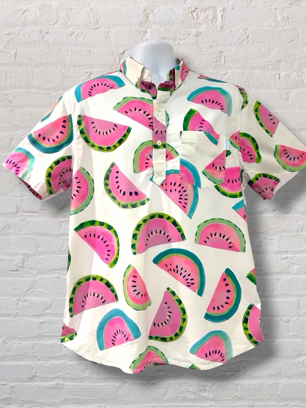 Chubbies Watermelon Print Button Up Shirt Mens Large Pink Green Summer Beach